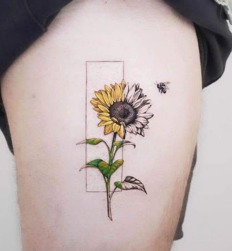 Men Flower Tattoo Small, Sunflower Colored Tattoo, Sunflower Colour Tattoo, Man Sunflower Tattoo, Men’s Sunflower Tattoo, Colourful Tattoo Ideas For Men, Coloured Tattoos Men, Men Sunflower Tattoo, Hibiscus And Sunflower Tattoo