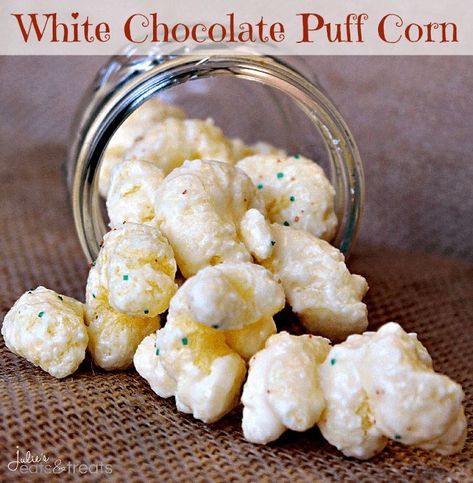 White Chocolate Puff Corn ~ Melt in your mouth puff corn covered in white chocolate! Perfectly sweet and salty! Chocolate Puff Corn, Gorp Recipes, Puffed Corn Recipes, Puff Corn, Popcorn Ideas, Chocolate Puff, Peanut Brittle Recipe, White Chocolate Recipes, Brittle Recipes