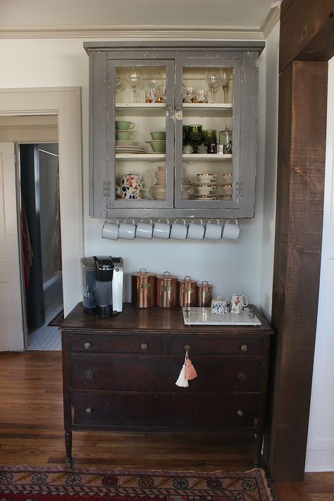 Our Dining Room Coffee Station - thewhitebuffalostylingco.com Coffee Station Ideas, Farmhouse Coffee Bar, Rustic Kitchen Cabinets, Coffee Bars In Kitchen, Coffee Nook, Home Coffee Bar, Coffee Bar Home, Farmhouse Kitchen Cabinets, Kitchen Cabinets Makeover