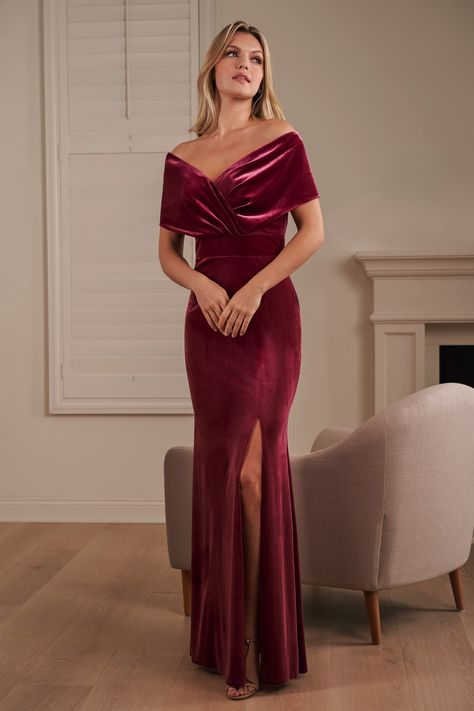 B243061_Gorgeous Stretch Velvet Fit & Flare Gown with Shoulder Pleated Portrait Neckline and Empire Band Pink Velvet Gown, Velvet Inspiration, Portrait Neckline, Mermaid Bridesmaid, March Wedding, Flare Gown, Mermaid Bridesmaid Dresses, Velvet Gown, Stretch Velvet