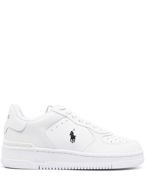 white/black leather signature Polo Pony motif perforated detailing logo at the sole front lace-up fastening round toe flat rubber sole Private School Shoes, Polo Shoes Women, Basic White Shoes, Old Money Sneakers, Ralph Lauren Shoes Women, Luxury Sneakers Women, Farfetch Sneakers, Farfetch Shoes, Old Money Shoes