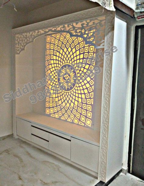 Acrylic Mandir, Corian Mandir Design, Dev Ghar, Mandir Ideas, Corian Material, Corian Temple, Corian Design, Wooden Temple For Home, Wooden Temple