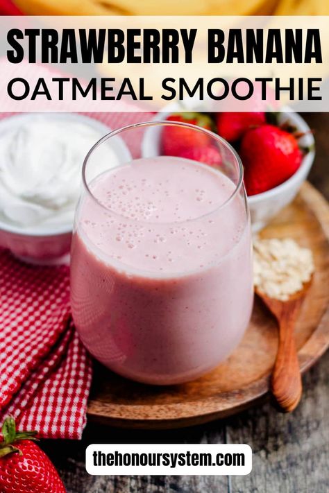 This easy Strawberry Banana Oatmeal Smoothie is packed with fiber, protein, and healthy vitamins. It's super filling like a bowl of oatmeal but cool and refreshing - perfect for summer. Enjoy it as a quick, on the go breakfast or satisfying snack. It is also kid and toddler friendly! Banana Oatmeal Smoothie Recipe, Strawberry Banana Oatmeal, Oatmeal Smoothies Healthy, Strawberry Oatmeal Smoothie, Fiber Smoothie, Banana Oatmeal Smoothie, On The Go Breakfast, Banana Breakfast Smoothie, Bowl Of Oatmeal