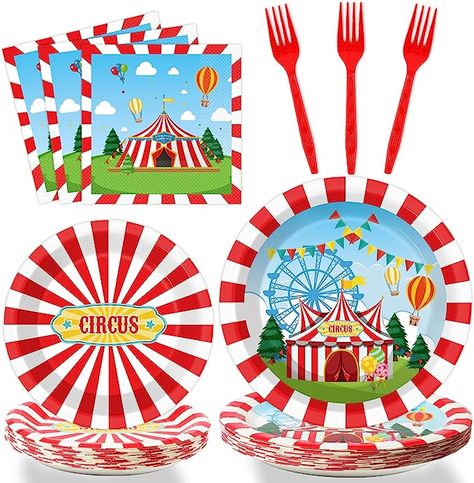 Tevxj Circus Party Plates Napkins Carnival Party Tableware Carnival Circus Disposable Paper Plates Napkins Happy Birthday Party Decorations Supplies Favors for 24 Guests Circus Party Decorations, Circus Carnival Party, Superhero Theme Party, Carnival Circus, Girls Party Decorations, Carnival Theme, Circus Birthday Party, Green Baby Shower, Carnival Themes