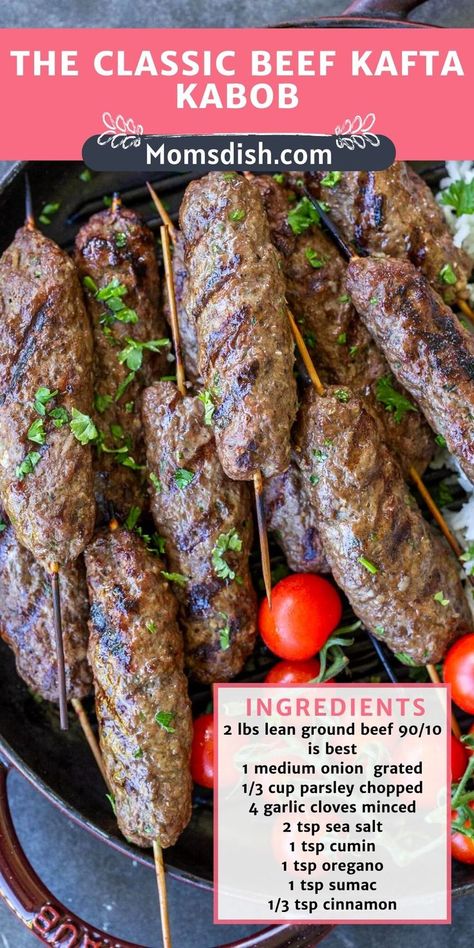 Ground Beef Skewer Recipes, Egyptian Kabobs, Grilled Meatballs Skewers, Ground Beef Kabobs On The Grill, Lebanese Kebab Recipes, Kafta Kebab Recipes, What To Grill For Dinner Meat, Mediterranean Beef Kabobs, Beef Kafta Kabob Recipe