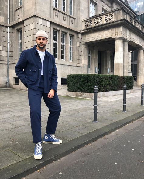 Aziz Lem on Instagram: “Navy blue | [ full outfit from @native_youth ] {AD} • • • • • • • • • • • • • #minimal #navy #blue #inspire #cozy #menstyle…” Navy Monochromatic Outfit Men, Converse Navy Blue Outfits, Men Navy Outfit, Blue Converse Outfit Men, Navy Outfits Men, Navy Pants Outfit Men, Dark Blue Outfit Men, Navy Blue Converse Outfit, Navy Blue Outfit Men