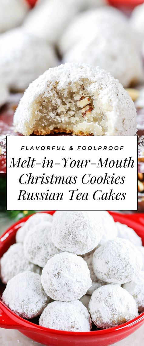 Image for Melt-in-Your-Mouth Christmas Cookies Russian Tea Cakes Russian Teacakes Cookies, Easy Russian Tea Cakes, Russian Wedding Cookies, Russian Tea Cake Cookies Recipe, Russian Cookies Christmas, Russian Tea Balls Recipe, Russian Tea Balls, Russian Holiday Food, Christmas Tea Cakes