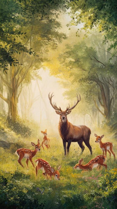 Experience the tranquility of a serene forest at dawn with our breathtaking wallpaper. Soft golden light filters through lush green trees, spotlighting a majestic stag and playful fawns in a vibrant meadow. This Romanticism-inspired artwork, enhanced with Impressionist touches, celebrates nature's beauty and harmony. Perfect for nature lovers and art enthusiasts alike. Keywords: nature wallpaper, forest art, tranquil decor. White Deer Painting, Stag Artwork, Tranquil Decor, Theme Nails, Wallpaper Forest, Deer Wallpaper, Serene Forest, Stag And Doe, Deer Species