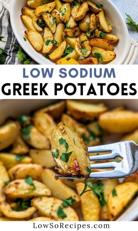 Low Sodium Greek Lemon Roasted Potatoes Recipe - Low So Recipes Low Sodium Mediterranean Diet, Low Sodium Sides Dishes, Low Sodium Potato Soup Recipes, Easy Low Sodium Meals Dinners, Low Salt Diet Recipes, Low Sodium Vegetables, Low Sodium Lunches Easy, Low Sodium Mediterranean Recipes, Vegan Low Sodium Recipes