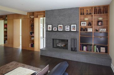 Extend hearth to wall? love the mantel too. Ardsley Residence - modern - family room - new york - Eisner Design LLC Asymmetrical Fireplaces, Off Center Fireplace, Mid Century Modern Fireplace, Modern Fireplace Mantels, Contemporary Family Room, Modern Family Rooms, Fireplace Built Ins, Muebles Living, Fireplace Hearth