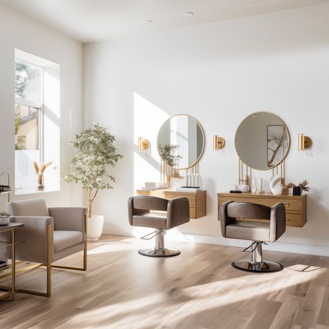 ✨ Salon vibes, radiating warmth. Salon Wall Colors, Esthetics Studio, Small Hair Salon, Salon Suite Decor, Hair Salon Chairs, Small Salon, Hair Salon Equipment, Salon Lighting, Salon Styling Chairs