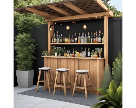 General Exterior Dimensions:  Total Height (including the roof): 240 cm (94.5 inches) Bar Counter Height: 110 cm (43.3 inches) Width: 180 cm (70.9 inches) Depth: 70 cm (27.6 inches) 🍹 Transform your backyard into the ultimate entertainment space with our DIY Outdoor Bar Plans! 🌞 This sleek and functional wooden bar is perfect for hosting gatherings, serving drinks, or simply enjoying a relaxing evening outdoors. Our professionally designed blueprints and easy-to-follow instructions make it sim Diy Outside Bar Ideas, Bar Under Deck, Outdoor Bar Shed, Outdoor Mini Bar, Outdoor Pool Bar, Outdoor Bar Ideas Backyards, Diy Outdoor Bar Plans, Backyard Bar Shed, Bar Counter Height