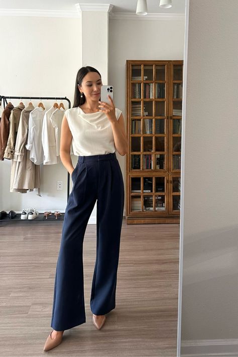 Corporate Work Wear Women, Business Professional Outfits Shoes, Navy Slacks Outfit Women Work Attire, Summer Work Outfits Formal, Summer Business Looks Women, Styling Tailored Pants, Clinic Business Casual, Business Casual Outfits Pants, Colorful Office Attire