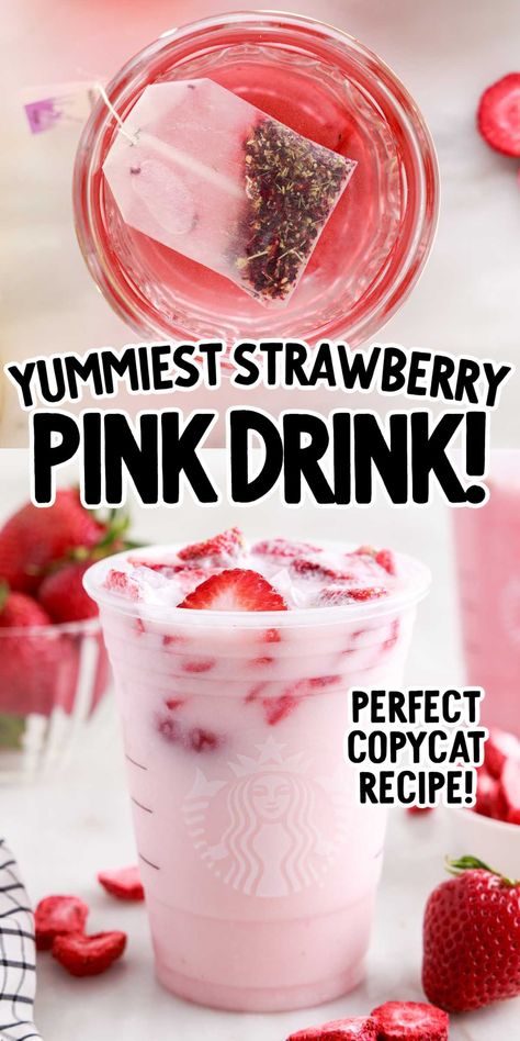 Creamy and bursting with strawberry flavor, this thirst-quenching copycat pink drink recipe will keep you cool and refreshed all summer long. Strawberry Refresher Recipe, Homemade Pink Drink, Diy Pink Drink, Pink Drink Recipe, Starbucks Pink Drink Recipe, Pink Drink Starbucks, Homemade Starbucks, Pink Drink Recipes, Starbucks Strawberry