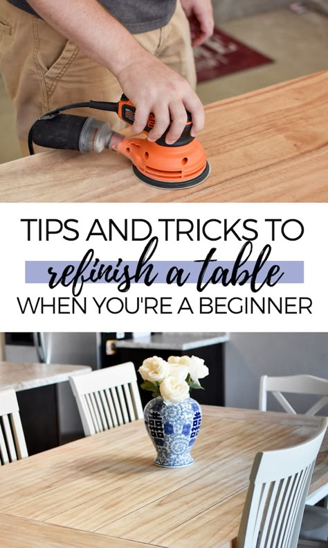 Are you looking for DIY table refinishing ideas for your kitchen or dining room table? Check out my table refinishing post for lots of tips and tricks to create your own modern, farmhouse wood table without having to strip any original finish! #DIY #furniture #farmhousestyle #diningroomtable #kitchentable #restorationhardware #modernfurniture #tableideas Dining Table Finishes Diy, Octagon Kitchen Table, How To Refinish Dining Table, Refinish Farmhouse Table Diy, How To Stain A Wood Table, Staining A Wood Table, Stripping Kitchen Table, Sanding Dining Room Table, Staining Dining Room Table Diy