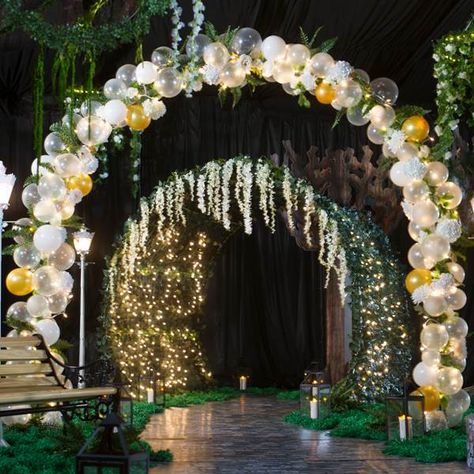 Should we spring for an arch or something similar? Balloon Arch Quinceanera, Enchanted Forest Theme Balloons, Enchanted Balloon Arch, Enchanted Forest Arch, Forest Balloon Arch, Fairytale Balloon Arch, Night On The Bayou Theme Homecoming, Enchanted Forest Balloon Arch, Greek Prom Theme