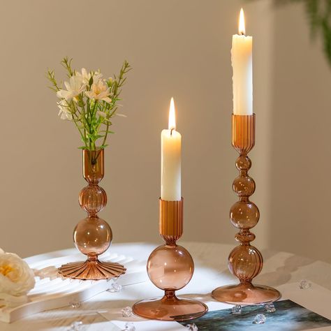 PRICES MAY VARY. Stylish Elegant Decoration: These candle holders for candlesticks feature a oblate spherical shape with elegant strips, adding a touch of delicate to any space. The multi-color allows you to blend with variety of candle colors, making them suitable for any season or decor style. Assorted Candleholder Set: This set features 3 vintage candlestick holders in varying shapes and sizes: measuring 4.72"/12 cm, 5.9"/15 cm, and 8.07"/20.5 cm in height. The candle sockets are 0.87"/2.2 cm Candle Taper Holder, Candlestick Mantle Decor, Candlestick Centerpiece Dining Room, Tall Candle Holders Decor, Candle Holders Decor Ideas, Candle Stick Holders Decor, Destiny Wedding, Tapered Candle Holders, Fall Candle Centerpieces