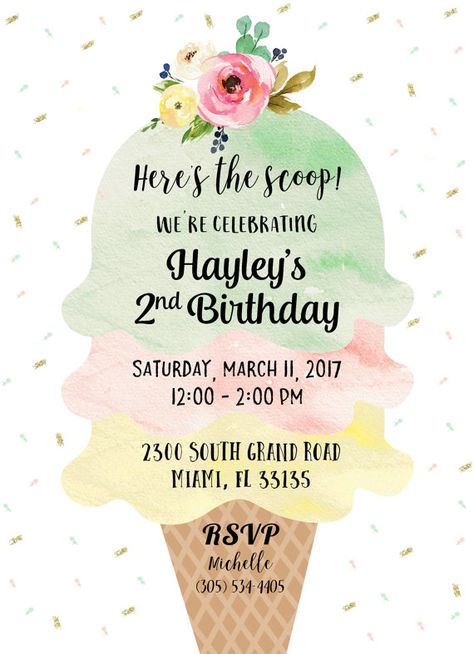 Ice Cream Birthday Invitation Ice Cream Party Invitation Ice Cream Social Invitations, Ice Cream Party Invitations, Ice Cream Invitation, Ice Cream Birthday Party, Ice Cream Theme, Glitter Invitations, Ice Cream Social, Watercolor Birthday, Ice Cream Birthday