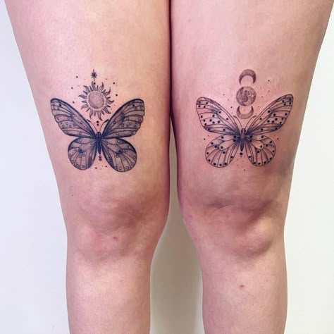 Butterfly Tattoo Thigh For Women, Butterfly Friendship Tattoos, Butterfly Sun Tattoo, Butterfly Leg Tattoo Thighs, Sun Butterfly Tattoo, Sun And Butterfly Tattoo, Butterfly Tattoo On Thigh, Butterfly Knee Tattoo, Upper Knee Tattoo Women