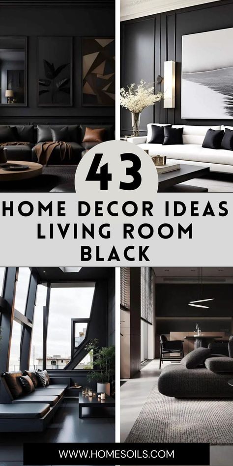 Transform your living space with these 43 striking home decor ideas that incorporate black into your living room design. From bold accent walls to sleek furniture pieces, black can add depth, sophistication, and drama to any interior. Whether you prefer a minimalist aesthetic or a more eclectic style, these ideas will show you how to effectively use black to create a stunning and inviting living room that reflects your personal taste. Vintage Black Living Room, Black Leather Living Room Ideas, Black Lounge Room, Black And White Great Room, Black And White Living Room Decor Ideas, Black Home Accents, Black And Grey Interior Design, Living Room With Black Accent Wall, Black Wall Decor Living Room