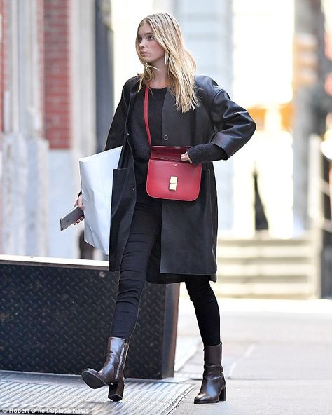 Seeing red! The 27-year-old Victoria's Secret Angel looked chic in her monochrome ensemble but added a pop of colour to her look with a bright rosy handbag Small Red Purse Outfit, Red Cross Body Bag Outfit, Pop Of Color Bag Outfit, Bright Bag Outfit, Black Outfit Red Bag, Red Handbag Outfit Street Style, Red Bag Street Style, Burgundy Bag Outfit Street Style, Colorful Bag Outfit