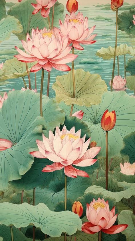 Traditional japanese lotus pond flower plant lily. | premium image by rawpixel.com / Bew Lotus Japanese Art, Japanese Lotus Painting, Japanese Painting Traditional, Japanese Flower Painting, Lotus Flower Aesthetic, Indian Lotus Flower, Indian Plants, Lotus Pond Painting, Japanese Lotus Flower