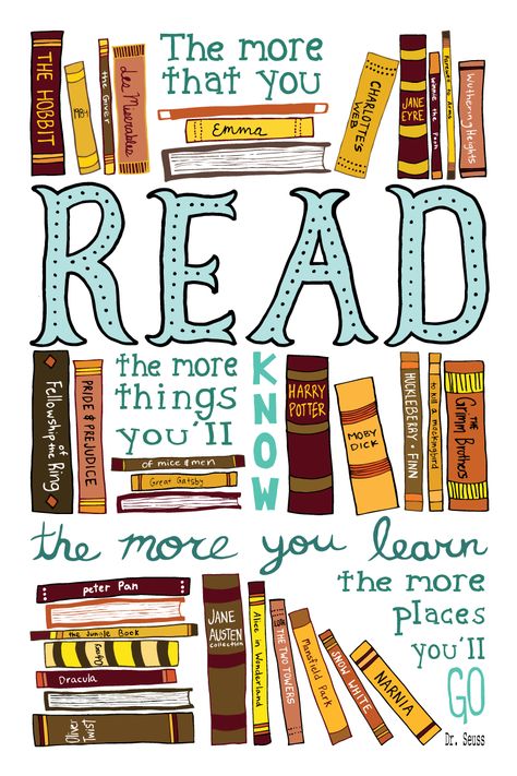 Hand Illustrated pro-reading type poster I did for a Design for Good Poster show!  *credit to Shannon Robinson Poster On Library, Reading Week Poster, Reading Posters For Classroom Library, Reading Design Poster, Reading Day Chart Ideas, Poster About Reading Books, Literacy Posters Ideas, National Reading Month Poster, Literacy Posters Design