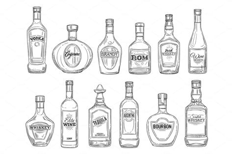 Bottles Sketch, Vintage Wine Label, Sketchbook Assignments, Brandy Bottle, Liquor Glass, Sketch Icon, Bottle Drawing, Bottle Tattoo, Best Tequila