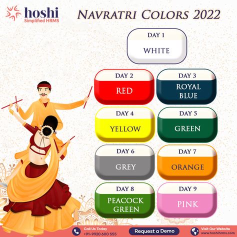 Navratri Nine Colours 2022. Let's Get Ready With Colourful Days & Make This Navratri More Special With Positive Vibes. #hoshihrms #navratri2022 #colors #colours #Navratricolours Navratri 9 Days Colours 2023, Navratri Colours 2023, Navratri Colours 2023 List, Day 7 Navratri Goddess, Navratri 9 Days Colours, Navratri 9 Colours, Navratri Colours, Contents Ideas, Triple Charm