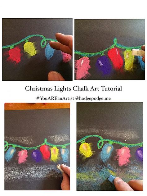 Pastel Christmas Lights, Christmas Lights Art, Christmas Lights Drawing, Beautiful Christmas Lights, Holiday Art Projects, Winter Art Lesson, Chalk Pastel Art, Light Art Installation, Christmas Art Projects