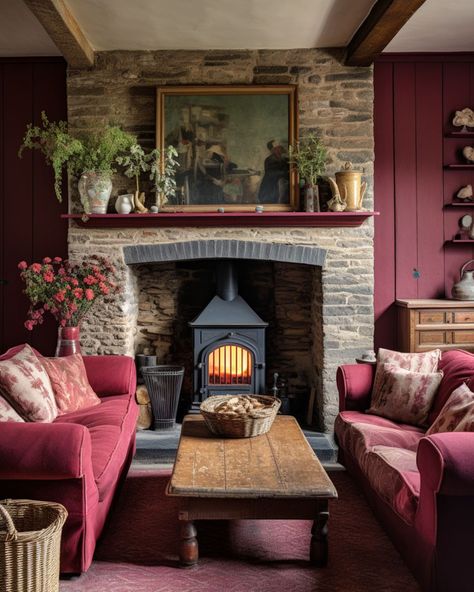 Red Rustic Living Room Red Sofa Farmhouse, Rustic Red Living Room, Brick Red Living Room, Burgundy Living Room Walls, Burgundy Sofa Living Room Ideas, Burgundy Couch Living Room, Red Living Room Decor Ideas, Maroon Living Room, Red Living Room Walls