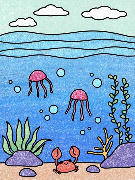 Creatives will enjoy learning how to draw the sea in today's art lesson. Drawing Ideas Easy Ocean, Cute Under The Sea Drawing, How To Draw A Seashell, Easy Sea Drawings, Under The Sea Drawing Easy, Underwater Drawing For Kids, Underwater Art Drawing, Sea Drawing Easy, Ocean Drawing Easy