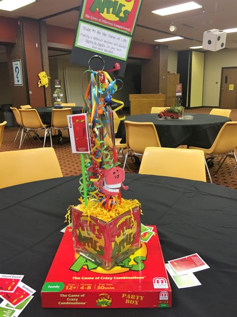 Broadway Church of Christ Senior Sunday Board Games & Monopoly Theme. Game Centerpieces Ideas, Game Night Table Decorations, Gaming Centerpieces, Game Decorations, Monopoly Theme, Monopoly Party, Board Game Themes, Senior Sunday, Graduation Games