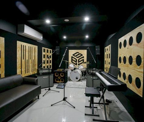 Industrial Music Studio, Big Music Room, Professional Music Studio Design, Band Rehearsal Studio, Rehearsal Studio Design, Small Music Studio, Small Music Room, Bedroom Music Studio, Band Studio