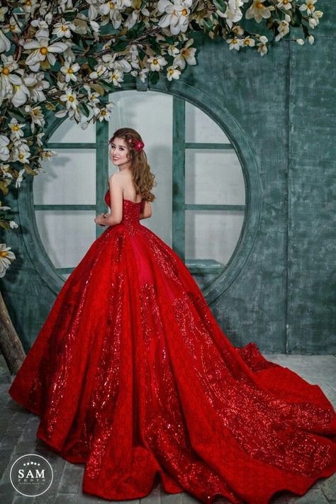 Elegant Formal Hairstyles, Red Wedding Receptions, Christmas Outfits Ideas, Wedding Reception Gowns, Long Party Gowns, Flower Prom Dress, Reception Outfit, Wedding Lehenga Designs, Reception Gown