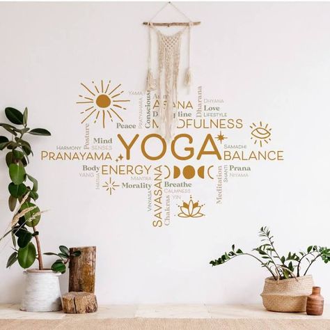 Boho Yoga Room, Workout Space At Home, Home Yoga Room, Yoga Shala, Yoga Room Decor, Gym Wall Decor, Gym Wall Decal, Wall Stickers Quotes, Yoga Studio Design