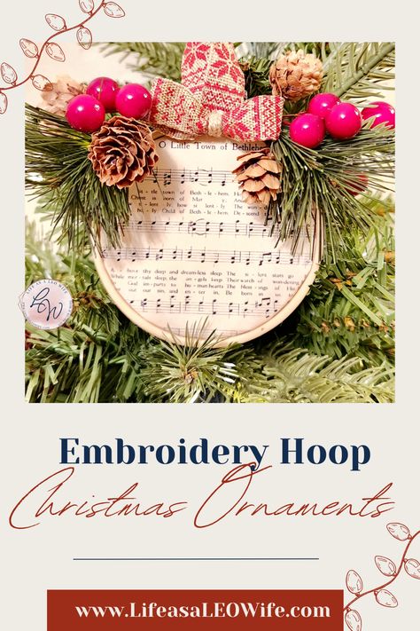 These mini embroidery hoop ornaments are easy to make & are absolutely gorgeous! In my full tutorial I show you how easy they are to make & included are 8 pages of free printable vintage sheet music! Embroidery Hoop Ornaments, Pumpkin Wreath Tutorial, Sheet Music Christmas, Hoop Ornaments, Mini Embroidery Hoop, Music Christmas Ornaments, Pumpkin Wreath Diy, Fall Pumpkin Sign, Leo Wife