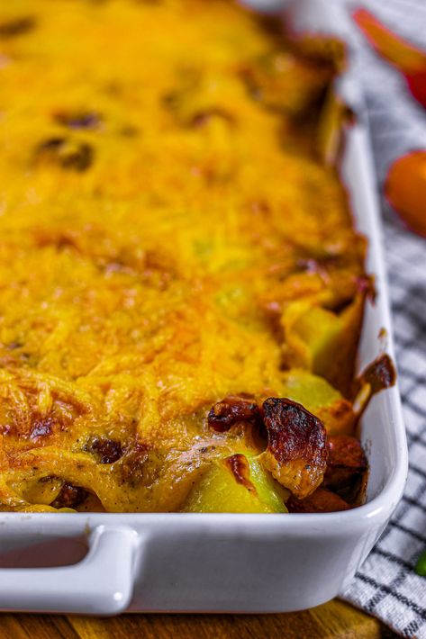 Cheese, Potato and Smoked Sausage Casserole Potato And Smoked Sausage Casserole, Smoked Sausage Casserole, Smoked Sausage Recipes, Cheese Potato, Cheesy Potato Casserole, Sausage Dishes, Jalapeno Cheese, Cheesy Potato, Dish Warmer