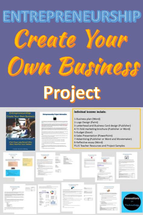 Entrepreneurship: Create Your Own Business Project for middle school (grades 6-8). 8 Part project using Microsoft Office to create a functioning business. https://www.teacherspayteachers.com/Product/Entrepreneurship-Create-Your-Own-Business-1807358 Middle School Economics, Business Education Classroom, Business Students, Teaching Business, Creating A Business Plan, Create Your Own Business, School Grades, Business Education, Business Idea