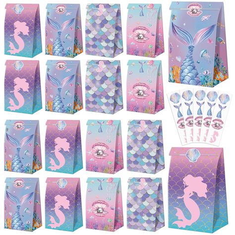 PRICES MAY VARY. Package Included - Our mermaid goodie bags are perfect for a mermaid-themed party! Each set includes 20 paper bags with 4 different styles, 5 bags per style. You will also receive 20pcs beautiful mermaid stickers to add an extra touch of magic to your party favors. Vibrant Mermaid Design - Our under the sea gift bags in beautiful purple, pink and green gradient colors feature colorful mermaid scales and vivid ocean elements that will bring an underwater atmosphere to your party. Mermaid Goodie Bags, Little Mermaid Party Decorations, Mermaid Party Favors Bags, Ocean Elements, Little Mermaid Party, Colorful Mermaid, Mermaid Bag, Mermaid Theme Birthday Party, Mermaid Party Favors