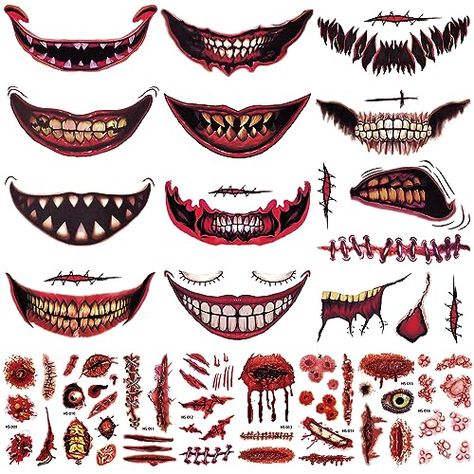 CUTELIILI 74+PCS 21 Sheets Halloween Zombie Makeup Face Tattoos, Halloween Prank Makeup Scary Big Mouth Fake Tattoos, Zombie Face Decals Prank Props for Halloween Cosplay Party DIY Check more at https://uk.productsoffer.in/cuteliili-74pcs-21-sheets-halloween-zombie-makeup-face-tattoos-halloween-prank-makeup-scary-big-mouth-fake-tattoos-zombie-face-decals-prank-props-for-halloween-cosplay-party-diy/ Vampire Bite Makeup, Halloween Zombie Makeup, Halloween Makeup Kits, Vampire Makeup Halloween, Halloween Pranks, Zombie Face, Vampire Bites, Makeup Scary, Makeup Stickers