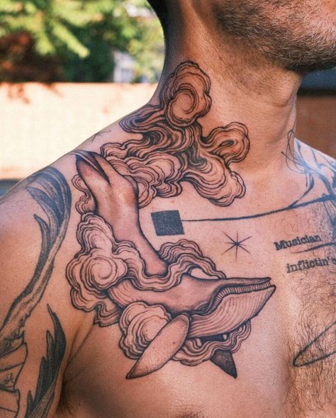 Chest Tattoo Men Clouds, Cloud Chest Tattoo, Cloud Neck Tattoo, Head In The Clouds Tattoo, Chestpiece Tattoo, Tattoo Prep, Clouds And Stars Tattoo, Japanese Cloud Tattoo, Sam Tattoo