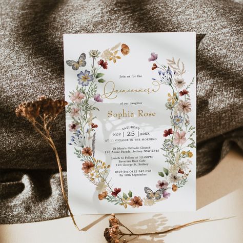 Rustic Cottagecore, Summer Birthday Invitations, Quinceañera Invitation, Butterfly Invitations, Boho Wildflower, Winter Onederland Birthday, Rustic Romance, Elegant Calligraphy, Vintage Invitations