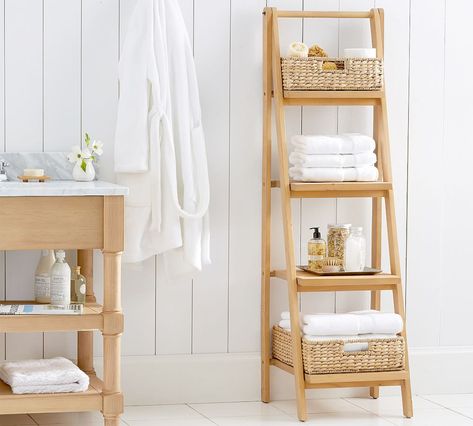 Pottery Barn Baskets, Storage Ladder, Floor Storage, Spa Like Bathroom, Double Sink Vanity, Apartment Bathroom, Bathroom Pictures, Rustic Bathroom, Diy Bathroom