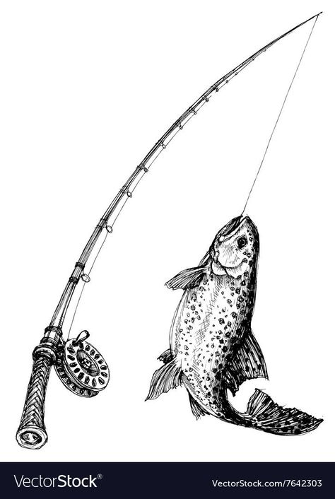 Fly Fishing Rod Tattoo, Fly Rod Tattoo, Cool Fish Drawing, Fishing Rod Illustration, Fly Fishing Drawing, Fishing Rod Tattoo, Fishing Pole Tattoo, Fishing Illustration, Fly Fishing Art