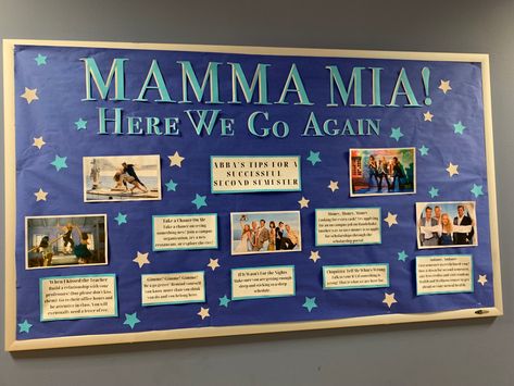 Mama Mia Bulletin Board, Mamma Mia Bulletin Board, Theatre Bulletin Board Ideas, Funny Ra Bulletin Boards, Spring Semester Bulletin Boards, Ra Dorm Hall Themes, Dorm Bulletin Boards, Res Life Bulletin Boards, Ra Door Decs