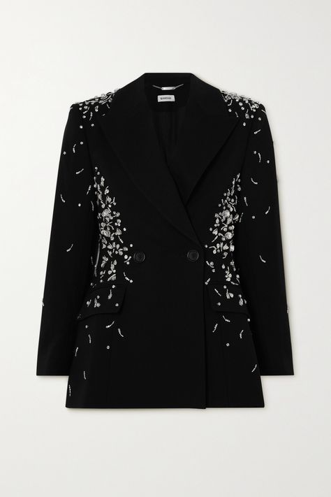 SIMKHAI's 'Getty' blazer sparkles with an array of crystals and beads, making it the perfect choice for glamorous evening events. It's tailored from crepe in an hourglass silhouette emphasized by strong shoulders and has discreet flap pockets. The smooth lining ensures effortless layering. Great Neck New York, Embellished Blazer, Beads Making, Sleeveless Blazer, Crepe Blazer, Hourglass Silhouette, Strong Shoulders, Tuxedo Blazer, Lakme Fashion Week