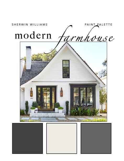 Modern Farmhouse EXTERIOR Paint Color Palette - Etsy Exterior Paint Palette, Exterior Paint Color Palette, Farmhouse Exterior Paint, Farmhouse Exterior Paint Colors, Farmhouse Color, White Exterior Houses, Painted Brick House, House Paint Color Combination, Exterior House Paint Color Combinations