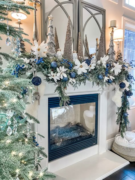 Navy Blue Fireplace Christmas Decor, Blue And White Tree Decorations, Navy Blue Christmas Mantle Decor, Blue Themed Christmas Decor, Blue Christmas Fireplace Decor, White And Navy Christmas Decor, Blue Grey White Christmas Decor, Frosty Blue Christmas Decor, Deep Blue Christmas Decor