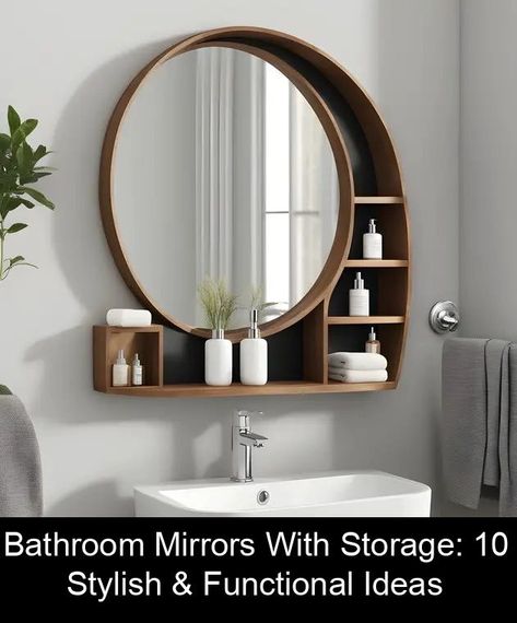 Small Functional Bathroom Vanity, Bathroom Accessories Small Space, Powder Bathroom Storage Ideas, Small Bathroom Large Mirror, Round Bathroom Mirror With Storage, Creative Bathroom Mirror Ideas, Simple Bathroom Cabinets, Bathroom Mirror Next To Window, Bathroom Mirror Small Space